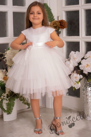 Детска официална рокля Хава в бяло от пайети и тюл на пластове