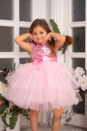 Детска официална рокля Хава в розово от пайети и тюл на пластове