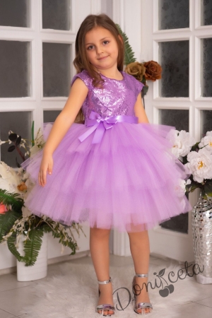 Детска официална рокля Хава в светлолилво от пайети и тюл на пластове 1