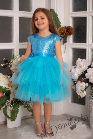 Детска официална рокля Хава в светлсиньо от пайети и тюл на пластове