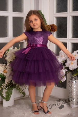 Детска официална рокля Хава в тъмнолилаво от пайети и тюл на пластове