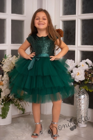 Детска официална рокля Хава в тъмнозелено от пайети и тюл на пластове