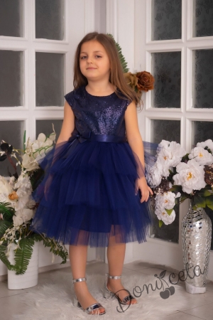 Детска официална рокля Хава в тъмносиньо от пайети и тюл на пластове