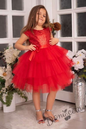 Детска официална рокля Хава в цвят червено от пайети и тюл на пластове