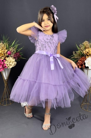 Детска официална рокля  в светлолилаво  с дантела Рене