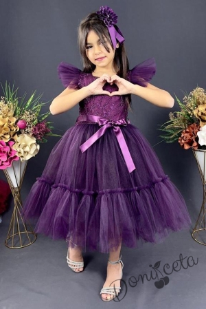 Детска официална рокля  в тъмнолилаво  с дантела Рене