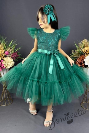 Детска официална рокля  в тъмнозелено с дантела Рене
