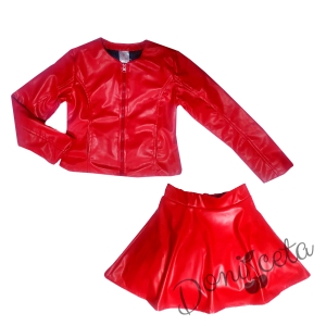 Комплект от кожена пола и кожено яке в червено за момиче 2 1