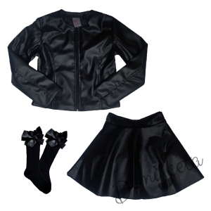 Комплект от кожена пола, кожено яке и чорапи в черно за момиче 1
