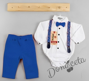 Бебешки комплект от панталон в синьо, боди-риза в бяло, тиранти и папийонка 758887667