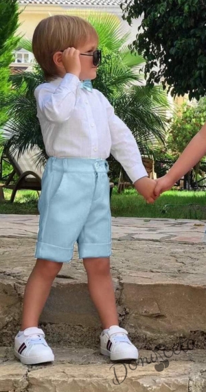 Комплект от риза в бяло с дълъг ръкав, къси панталони и папийонка в синьо за момче