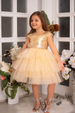 Детска официална рокля Хава в златисто от пайети и тюл на пластове