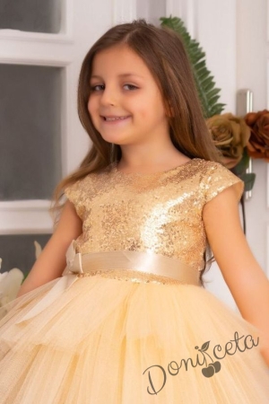 Детска официална рокля Хава в златисто от пайети и тюл на пластове 2