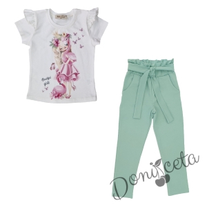 Детски комплект от тениска с фламинго в бяло и  панталони в тюркоаз