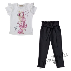 Детски комплект от тениска с фламинго в бяло и  панталони в черно