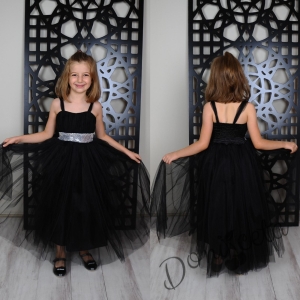 Официална детска дълга рокля без ръкав Даналия в черно с колан в сребристо и тюл 3