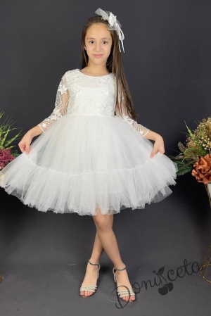 Детска рокля с ръкав 7-8 в бяло и панделка за коса Амира