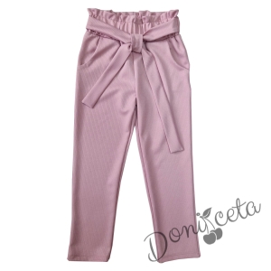 Детски панталон за момиче в цвят розово с висока талия и колан 1