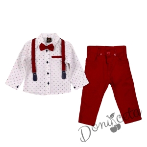 Комплект от риза в бяло.панталон, тиранти с орнаменти и папийонка в червено 686533598 1
