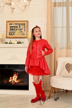 Комплект от кожена пола и кожено яке и чорапи Дивна в червено за момиче