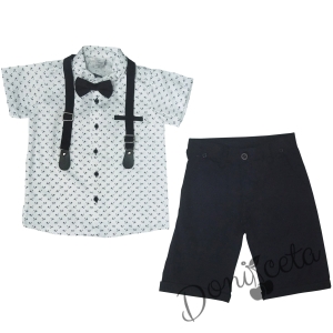 Детски комплект от риза в бяло на звезди и къси панталони, тиранти и папийонка в тъмно синьо 3243546