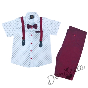 Комплект от риза в бяло с орнаменти, тиранти, папийонка и панталони в бордо