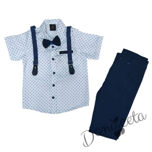 Комплект от риза в бяло с орнаменти, тиранти, папийонка и панталони в тъмно синьо