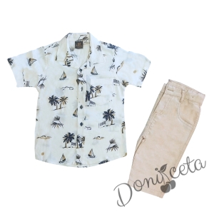 Детски комплект от панталон в бежово и риза в бяло на палми