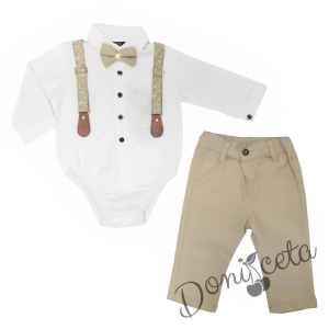 Бебешки комплект от панталон в бежово, боди-риза в бяло, тиранти и папийонка 75888687