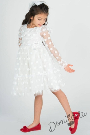 Официална детска рокля на точки с харбала в бяло с тюл, дълъг ръкав, коланче и панделка за коса