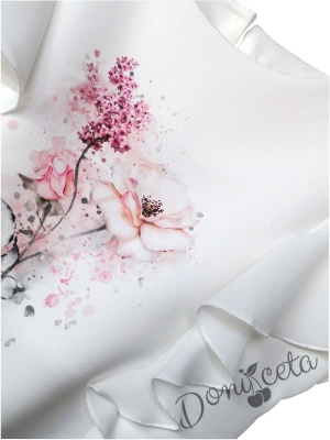 Комплект за момиче с дълъг панталон в розово и блузка с къс ръкав тип прилеп и къдрички с цветя в екрю 31231215 1