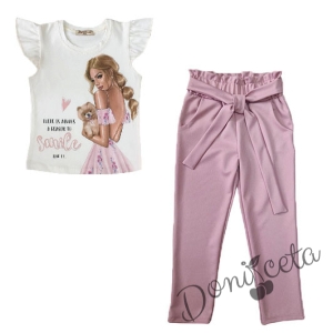 Детски комплект от тениска с момиче в бяло и панталони в розово