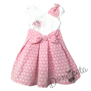 Официална детска рокля в бяло и розово на точки Паула 1