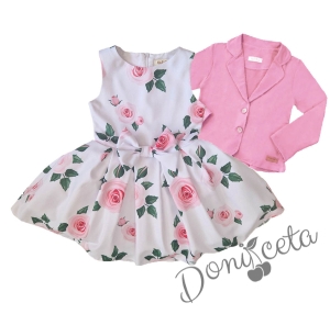 Официална детска рокля без ръкав с рози Маги и сако в розово