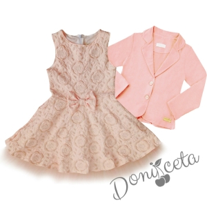 Официална детска рокля без ръкав в прасковено на цветя с дантела и тюл в комплект със сако в прасковено 684846351