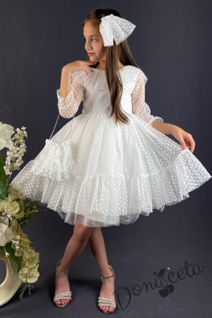 Официална детска рокля на точки в бяло, с ръкав 7/8 с чантичка и панделка 3