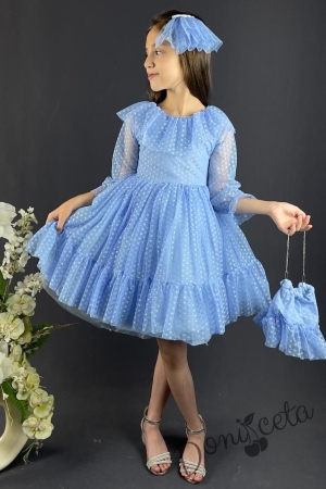Официална детска рокля на точки в синьо, с ръкав 7/8 с чантичка и панделка
