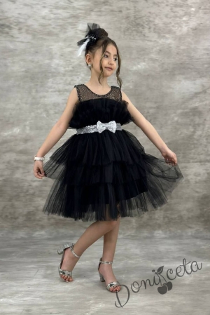 Официална детска рокля без ръкав Фрея - с богат тюл в черно и панделка за коса