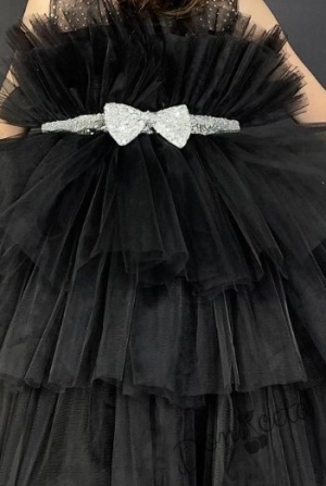 Официална детска рокля без ръкав Фрея - с богат тюл в черно и панделка за коса 3