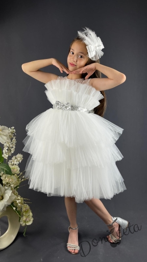 Официална детска рокля без ръкав Фрея - с богат тюл в бяло и панделка за коса 3