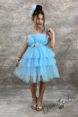 Официална детска рокля Фрея - без ръкав с богат тюл в светлосиньо и панделка за коса 1