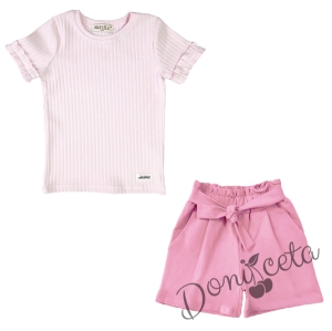 Комплект от блуза с къс ръкав и панталони в розово