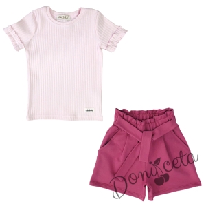 Комплект от блуза с къс ръкав в розово и панталони в лилаво 1