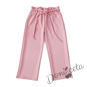 Детски дълъг панталон за момиче в цвят розово с висока талия и тънко коланче 34568213 1