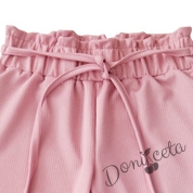 Детски дълъг панталон за момиче в цвят розово с висока талия и тънко коланче 34568213 2