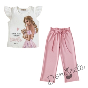 Детски комплект от тениска с момиче в бяло и дълги панталони в розово 4535566