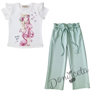Детски комплект от тениска с фламинго в бяло и  панталони в тюркоаз с тънко коланче 68944587