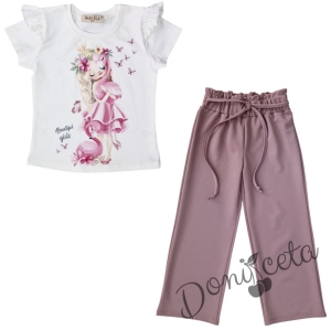 Детски комплект от тениска с фламинго в бяло и  панталони в пепел от рози с тънко коланче 68945214