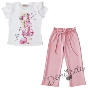 Детски комплект от тениска с фламинго в бяло и  панталони в розово с тънко коланче 68945879