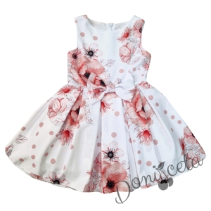 Официална детска рокля в бяло без ръкав на цветя с панделка  1